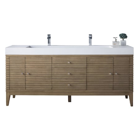 James Martin Vanities Linear 72in Double Vanity Whitewashed Walnut w/ Glossy White Composite Stone Top 210-V72D-WW-GW